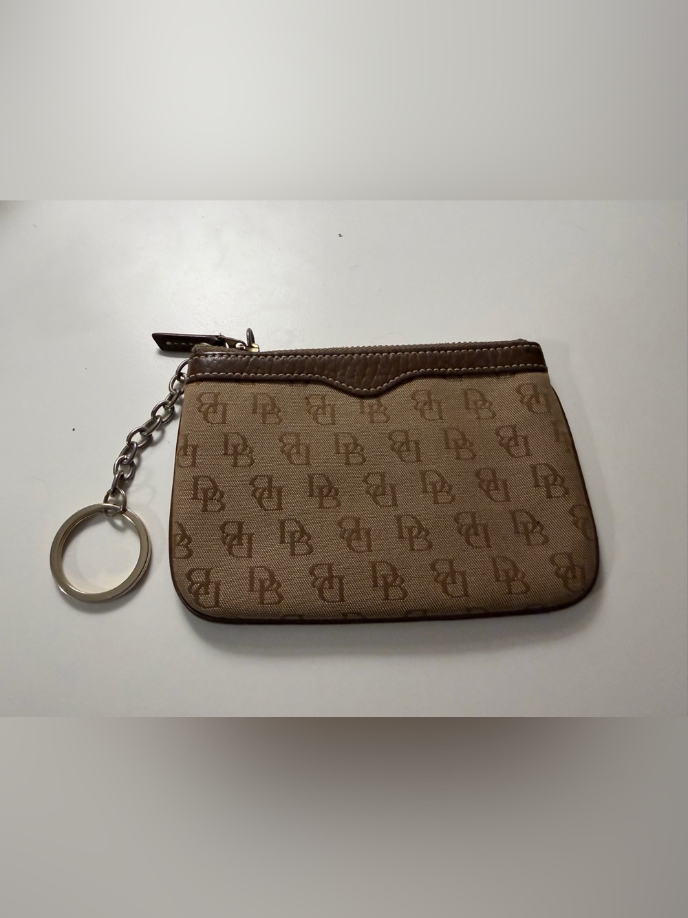 Dooney and Bourke Vintage Monogram Brown Zip Key Pouch with Chain Ring